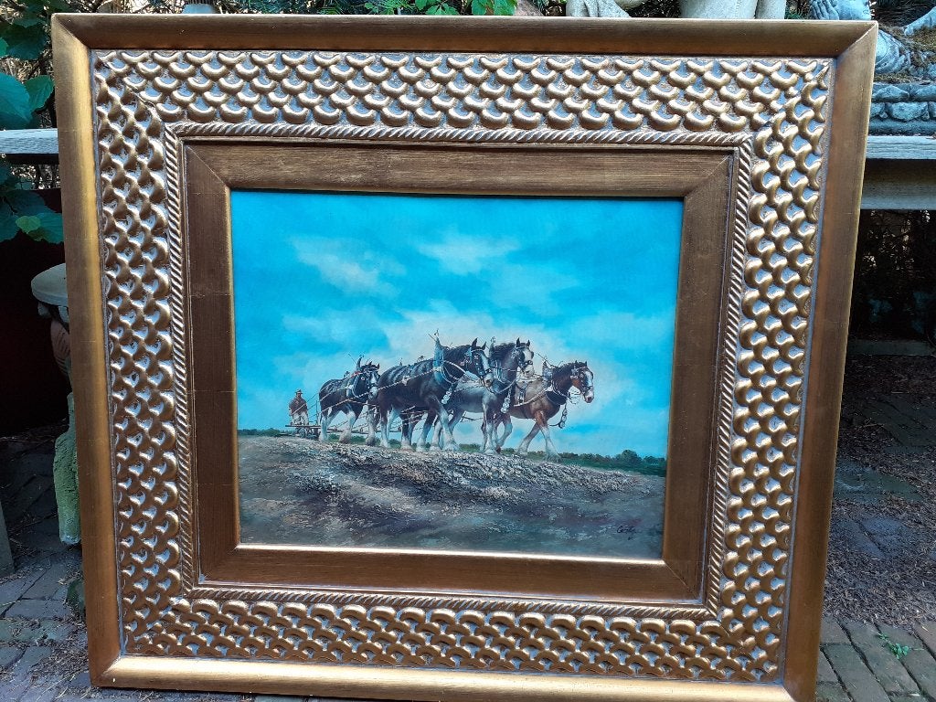 Olieverf op doek: Paarden ploegen land, gesigneerd, Doek, Realistisch, Dieren, Ophalen of Verzenden