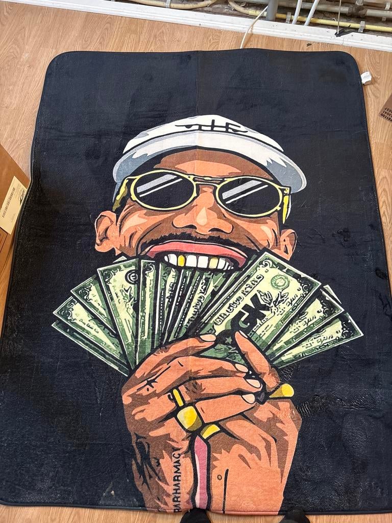 Vloerkleed met print van persoon met geld 160x120cm, Gebruikt, 100 tot 150 cm, Zwart, Ophalen of Verzenden