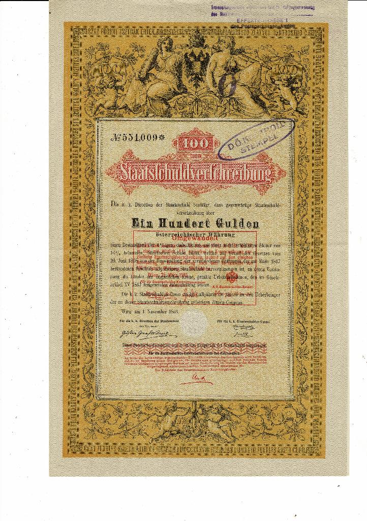 Staatsschuldverschreibung Wien 1868 - 100 Gulden - VF+, Verzenden, Voor 1920, Obligatie of Lening