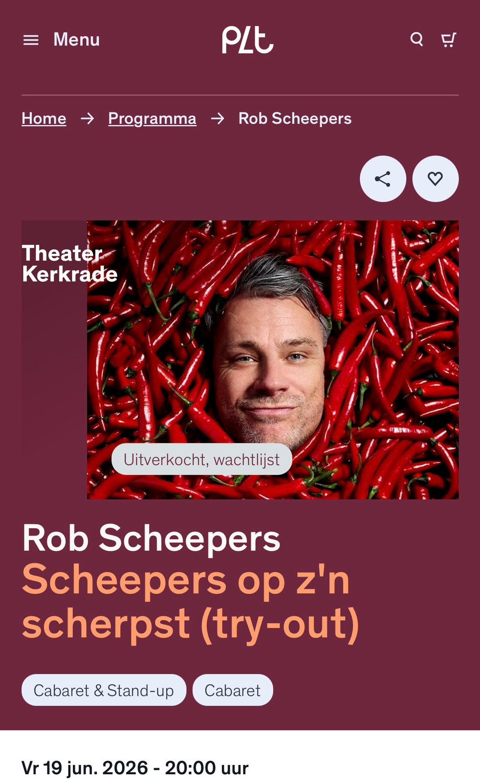 Rob Scheepers - 19 juni - 20 uur 2 kaartjes, Tickets en Kaartjes, Twee personen, Juni