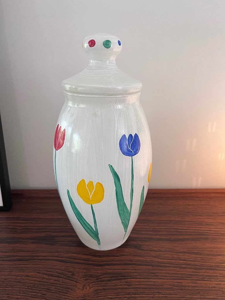 Vaas dekselvaas handbeschilderd met tulpen, Met patroon/structuur, Meerkleurig, Verzenden, Glas