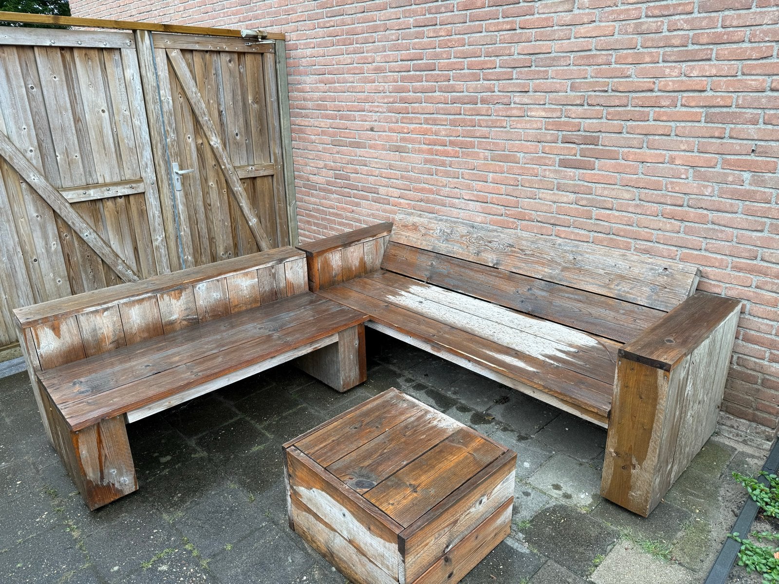 Houten loungeset, 10 jaar oud, 4 jaar onder overkapping, Tuin en Terras, Ophalen, Gebruikt, 6 zitplaatsen, Loungeset