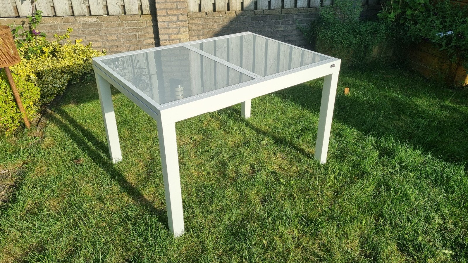 Uitschuifbare tuintafel met gehard glas, Ophalen, Gebruikt, Rechthoekig, Aluminium