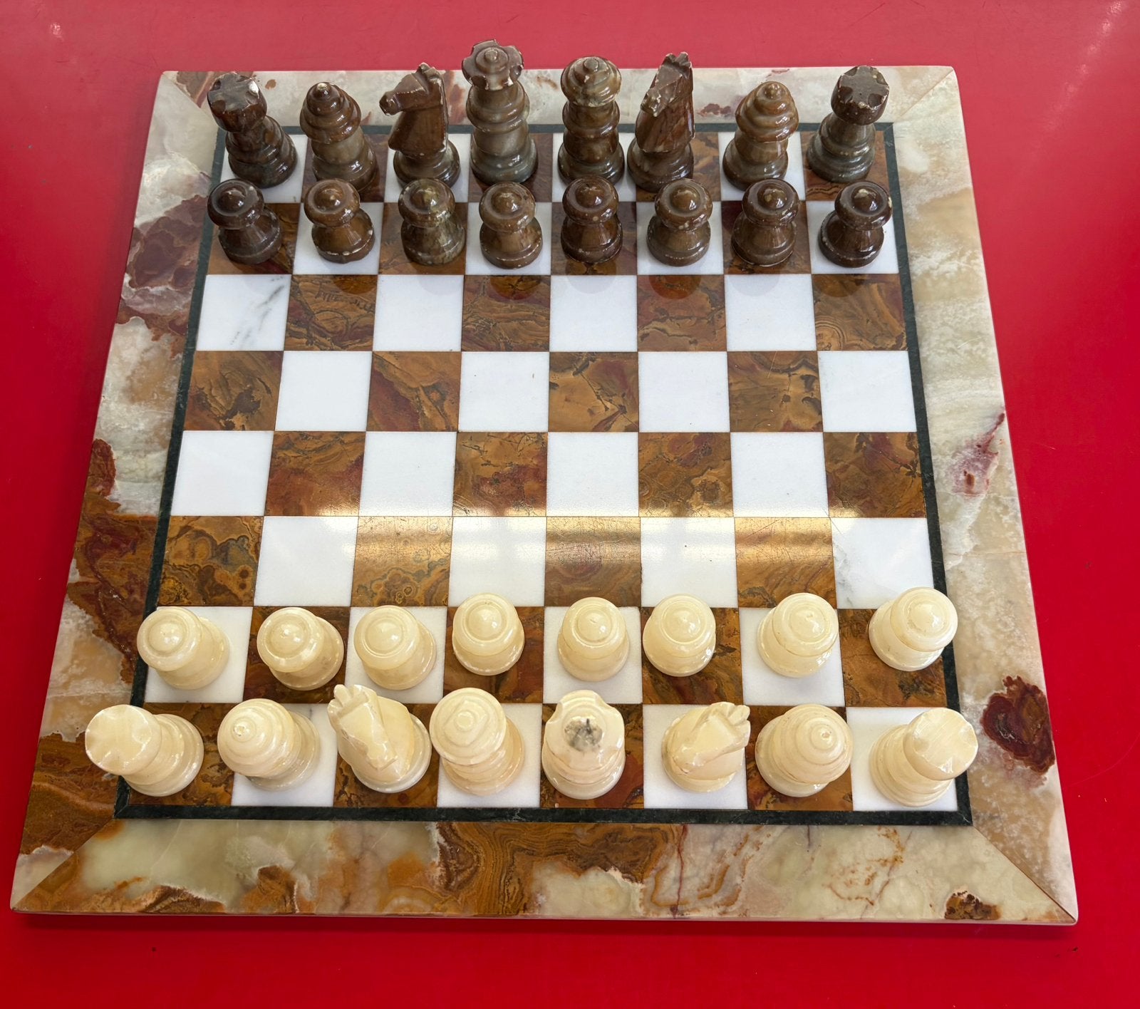 Compleet vintage marmeren/onyx schaakspel, Ophalen, Gebruikt