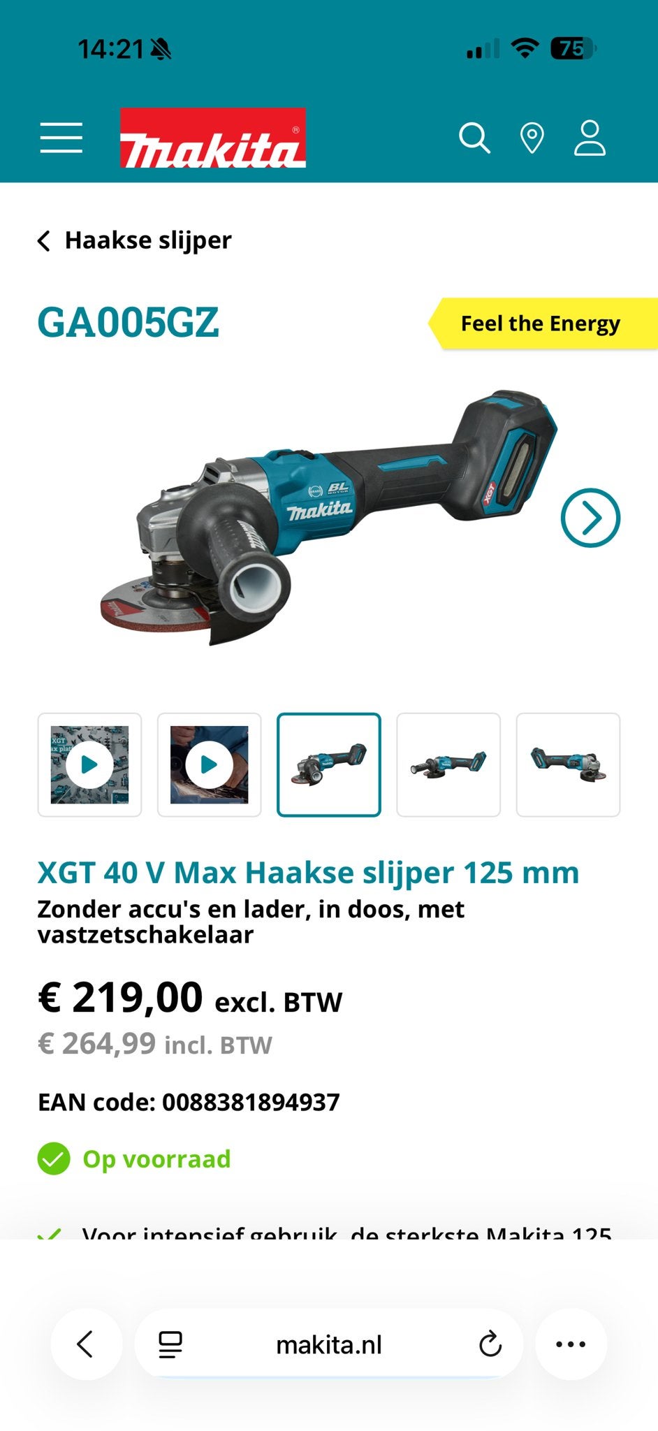 Makita haakse slijper GA005GZ - Nieuw, zonder accu en lader, Ophalen of Verzenden, Nieuw, 1200 watt of meer, Overige typen