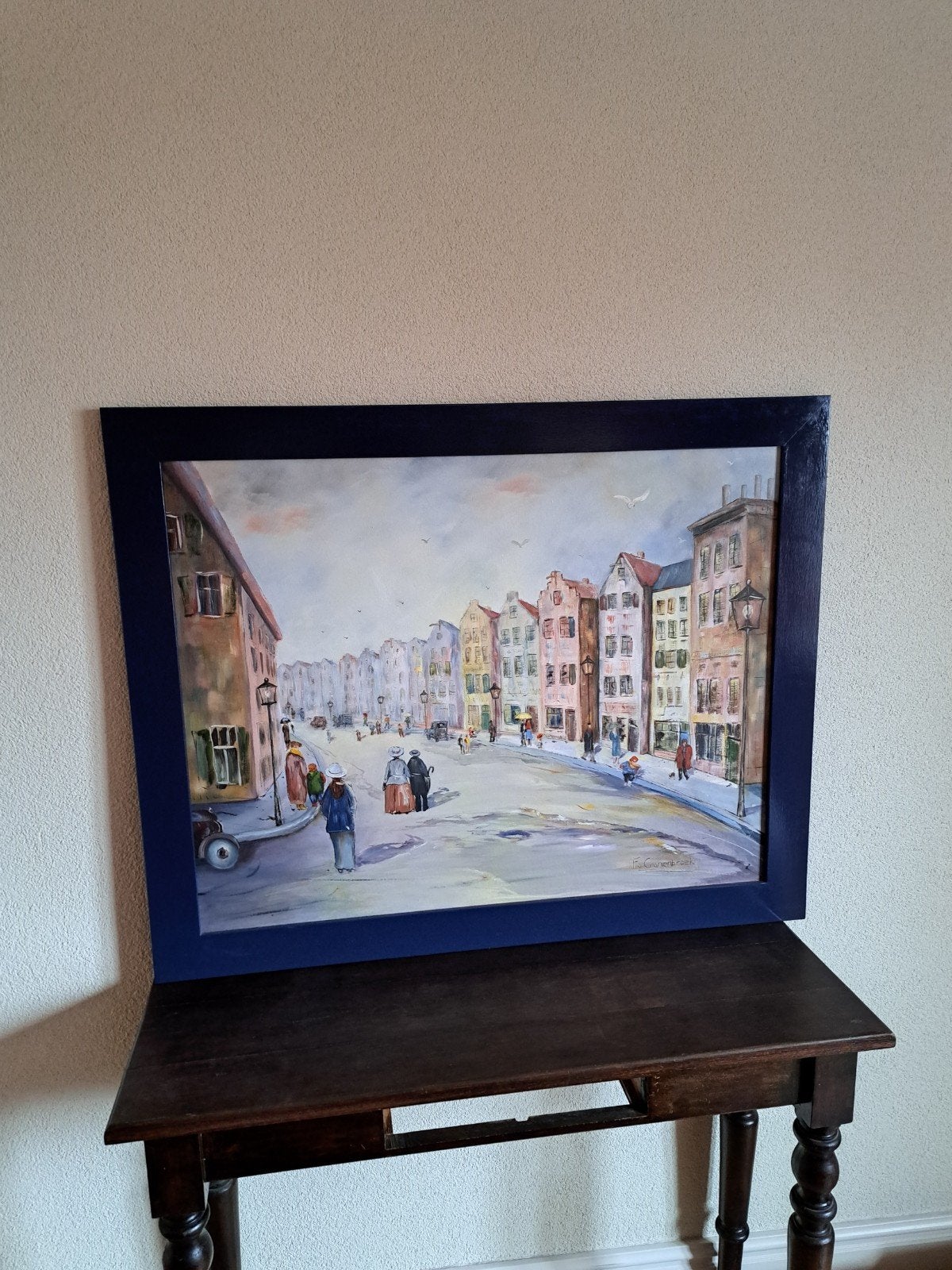 SCHILDERIJ STRAAT GEZICHT BR 102.5 X H 82.5 CM ZGAN, Antiek en Kunst, Ophalen