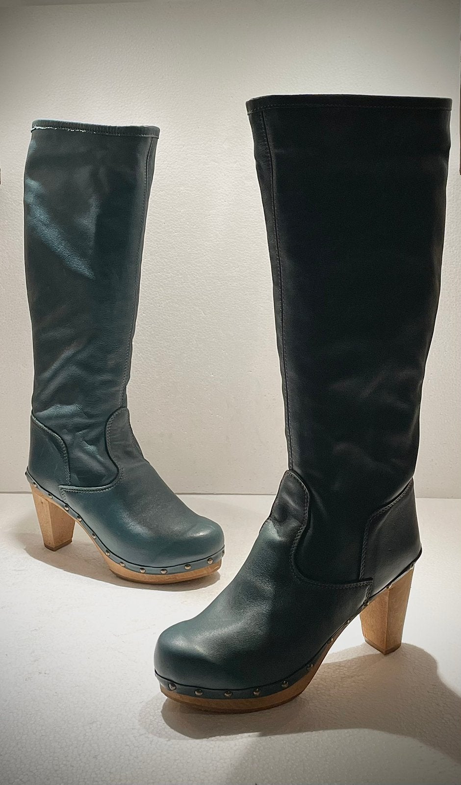 Sanita Anthropologie klomp laarzen boots 41 leer blauw groen, Ophalen of Verzenden, Overige kleuren, Hoge laarzen