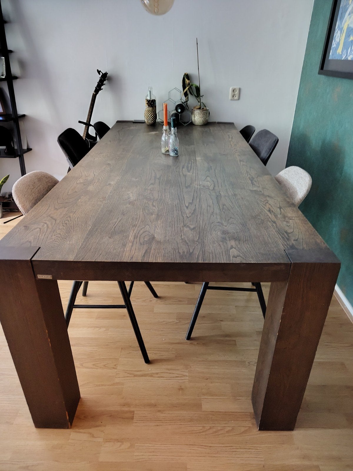 Grote eettafel van donker massief eikenhout 6-8 personen, Eikenhout, 200 cm of meer, Vijf personen of meer, Rechthoekig