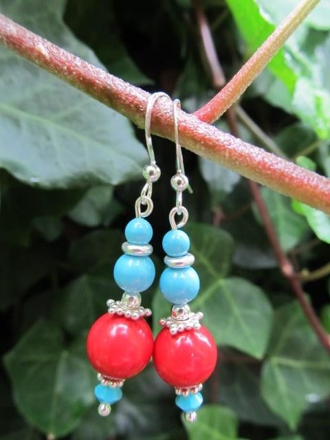 Oorbellen Coral Blue swarovski parels-kristal zilver, Hangers, Nieuw, Rood, Zilver