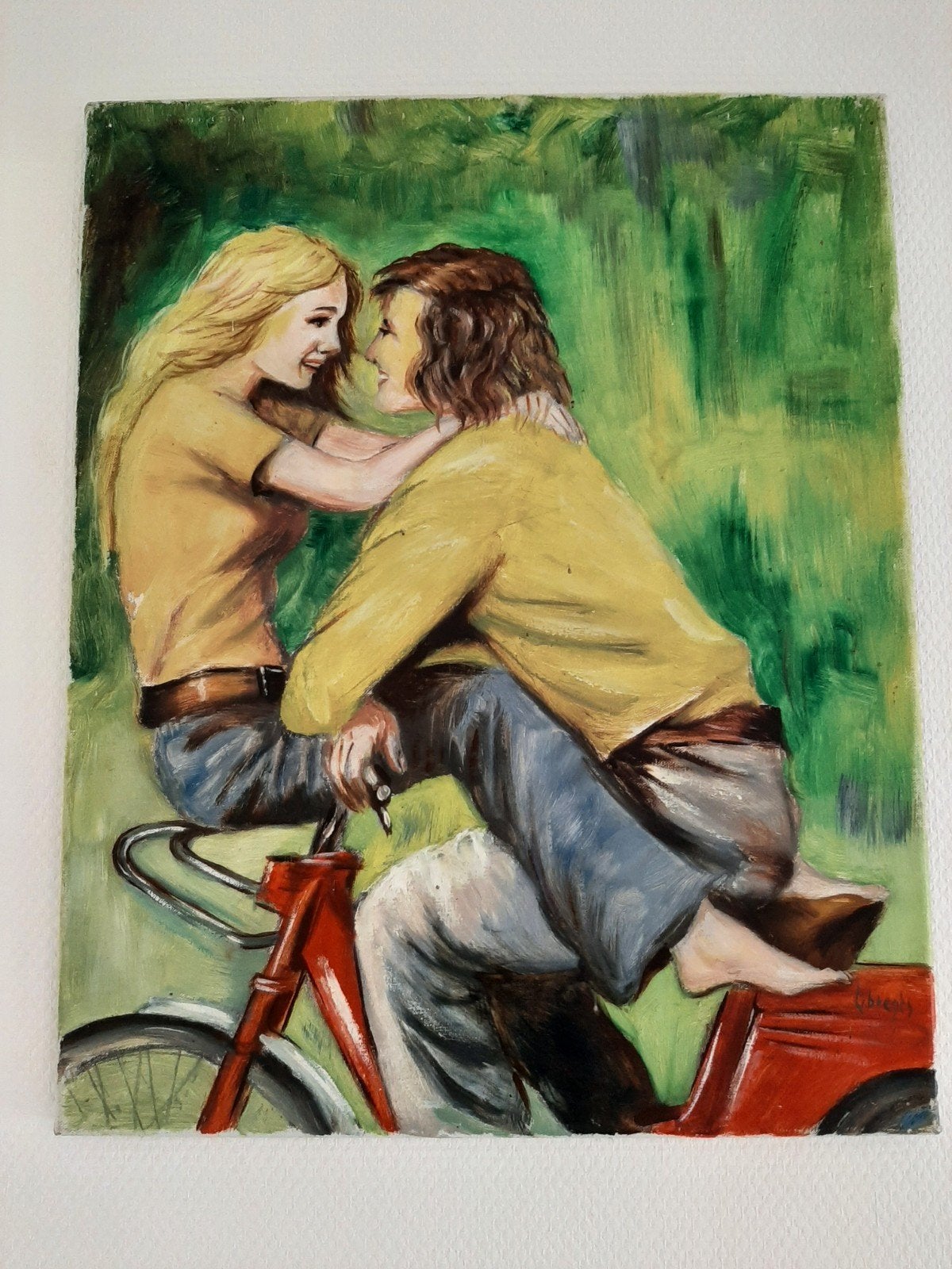 Schilderij jongen en meisjes op brommer  Peugeot  102, Ophalen of Verzenden