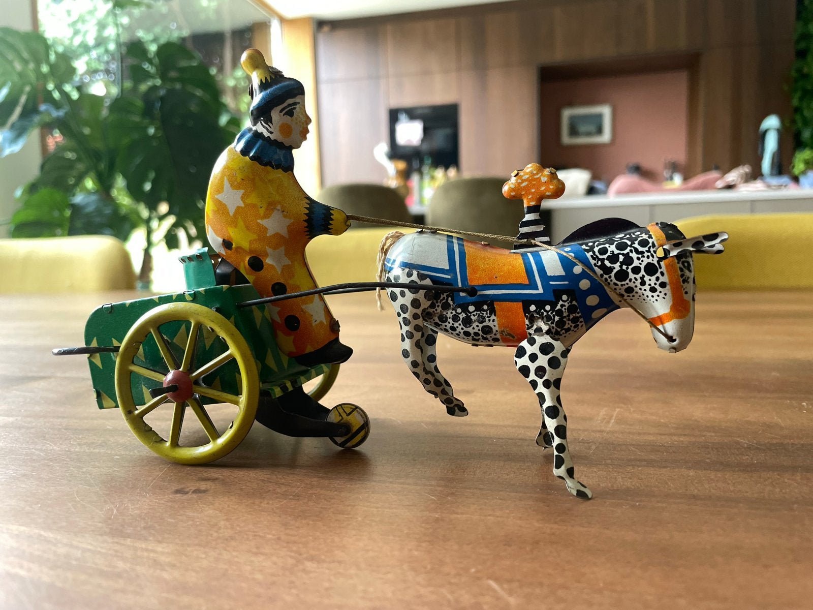 Vintage blikken speelgoed: Clown met ezel en kar, Antiek en Kunst, Ophalen of Verzenden