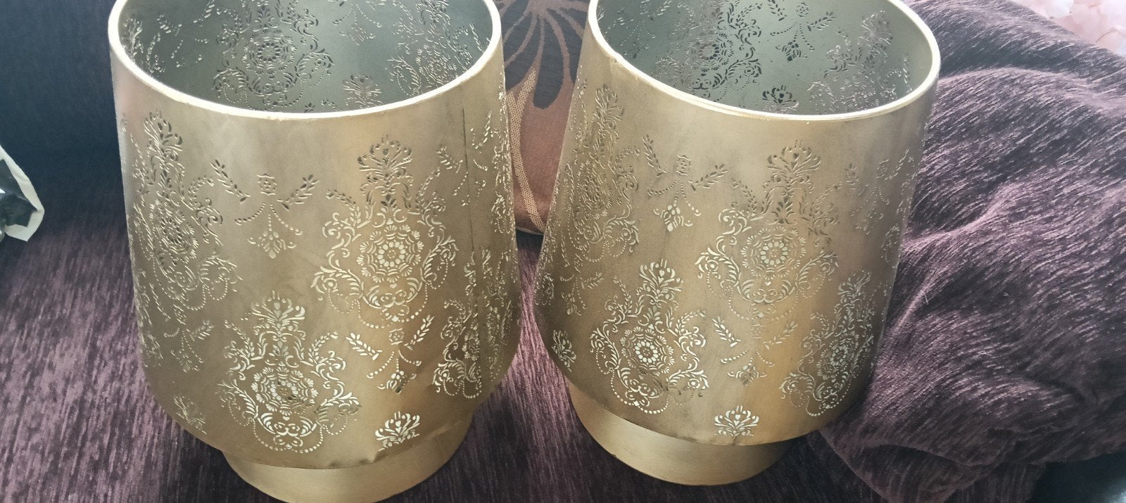 Set van 2 gouden windlichten met oosters patroon, Ophalen, Windlicht, Gebruikt, 36 cm