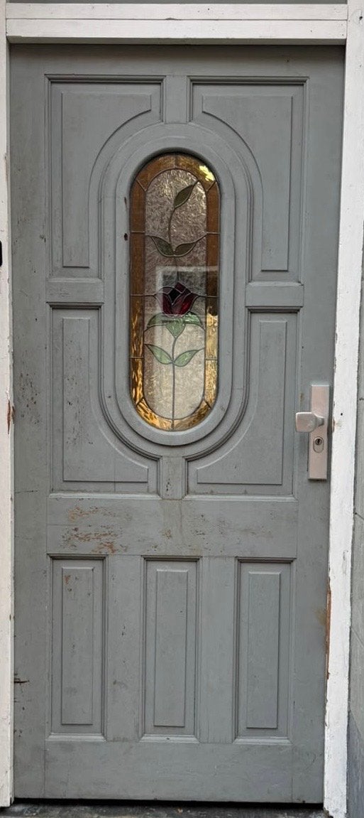 Antieke houten buitendeur met glas-in-lood raam, Ophalen, Gebruikt, Hout, Buitendeur