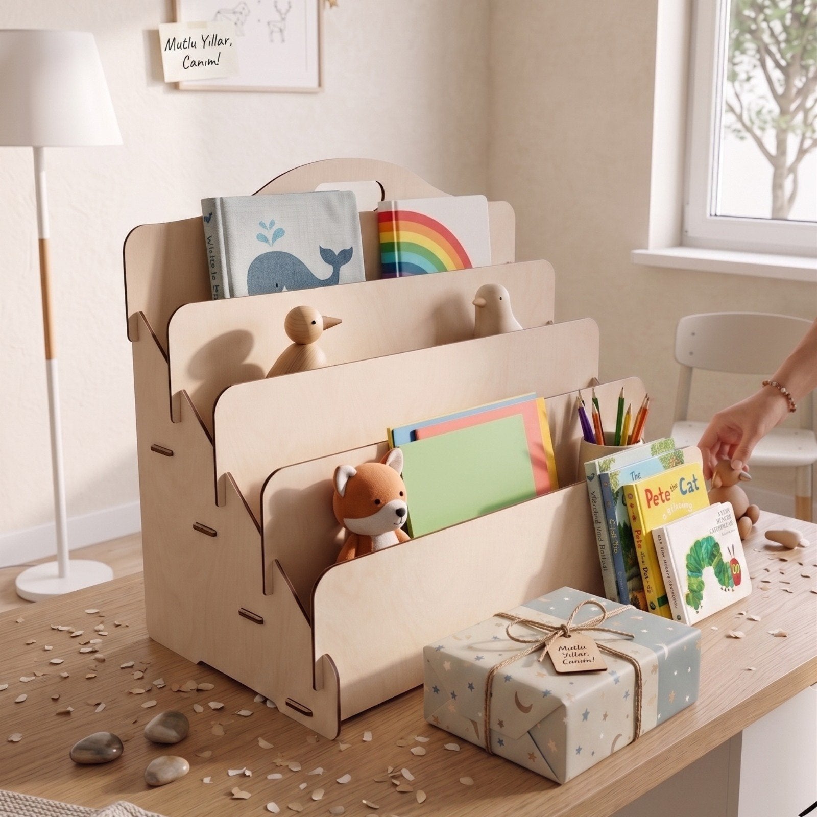 Simux Montessori Kinderboekenrek – 4 Laags Houten Beige, Ophalen of Verzenden, Nieuw, Overige typen