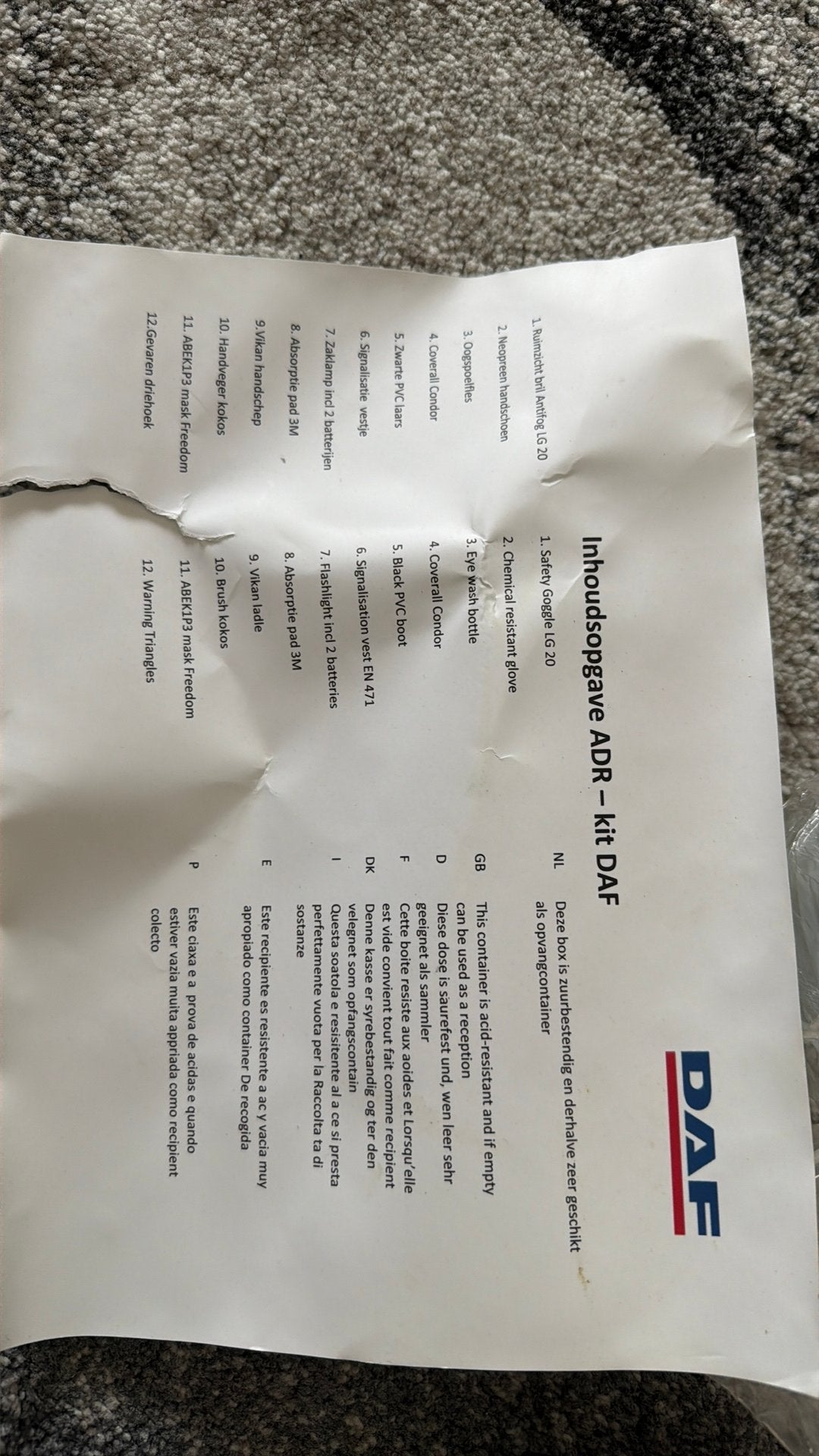 ADR kist splinternieuw, Ophalen, Nieuw, DAF, Klein materiaal