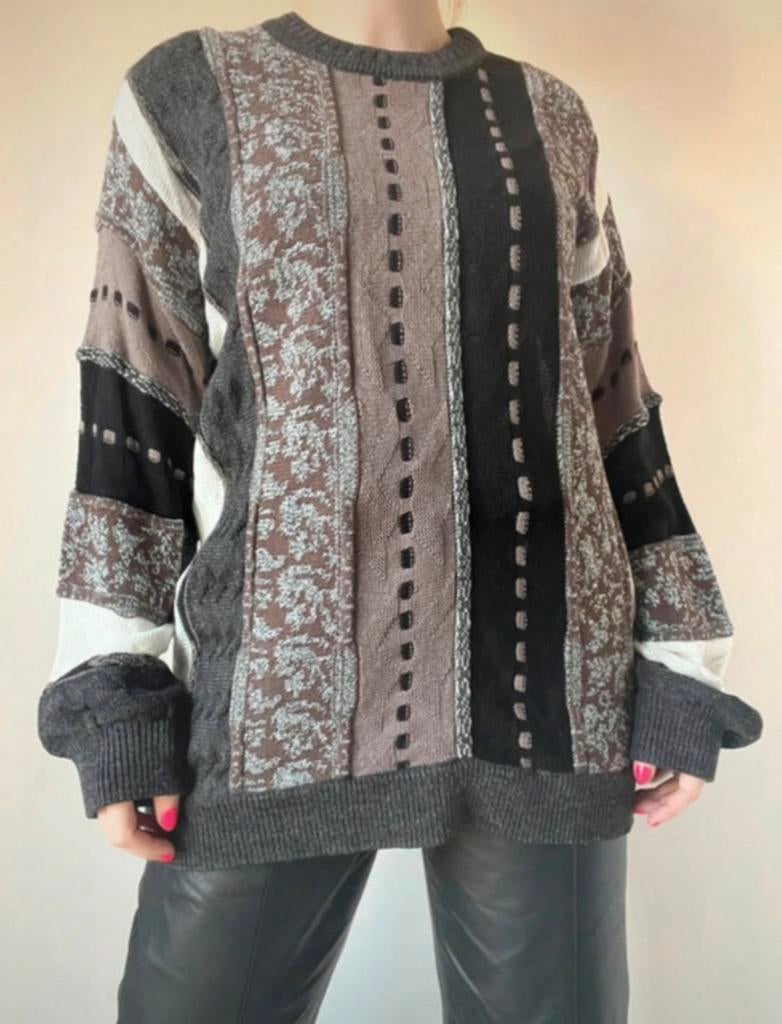 Vintage grijs/bruin/zwarte trui,L.Unisex Coogi stijl 3D knit, Maat 52/54 (L), Bruin, Verzenden, Vintage