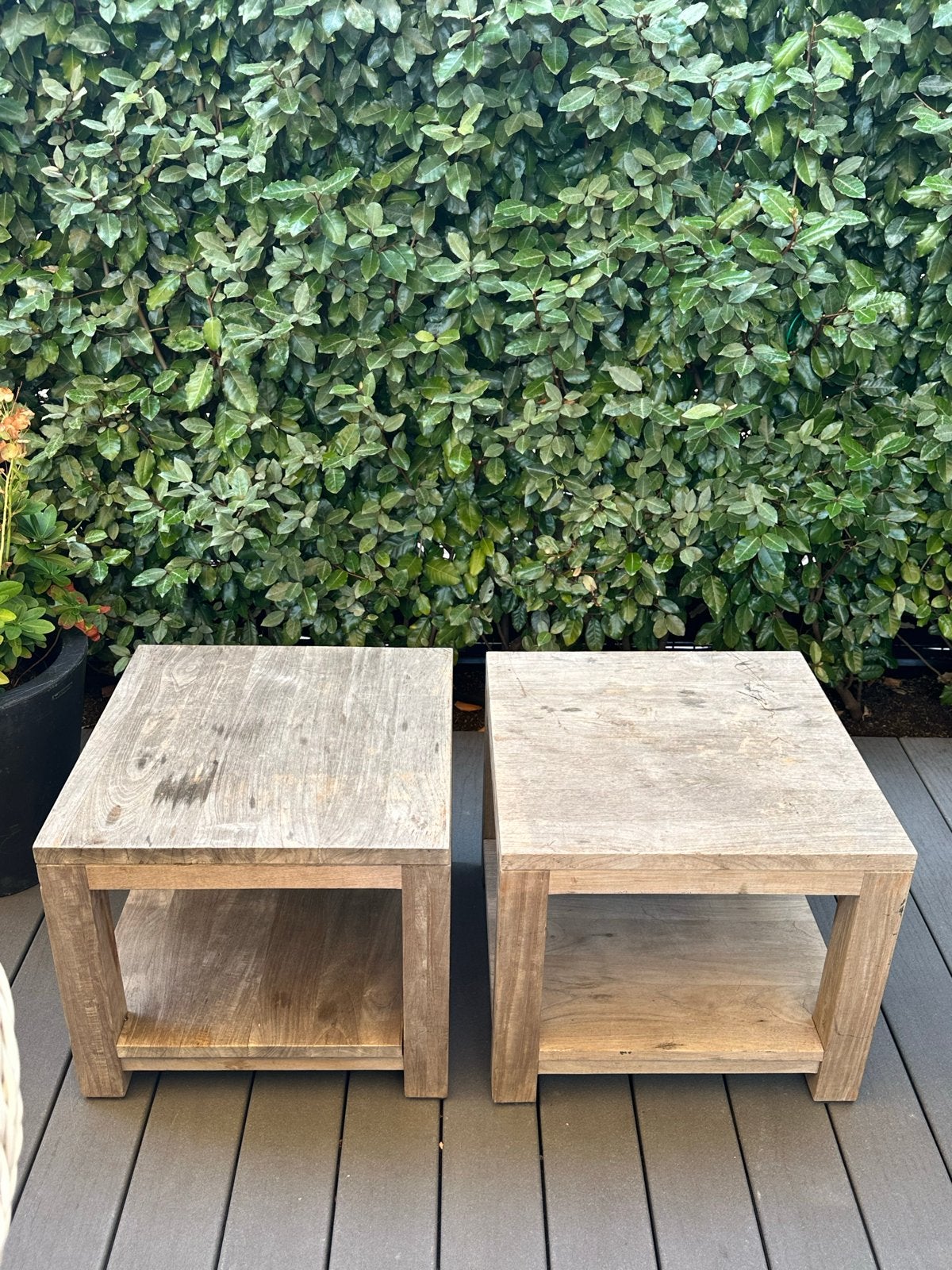 Set van 2 teak houten bijzettafels - Gebruikt, Huis en Inrichting, Tafels | Bijzettafels, Ophalen, Minder dan 45 cm, Minder dan 55 cm