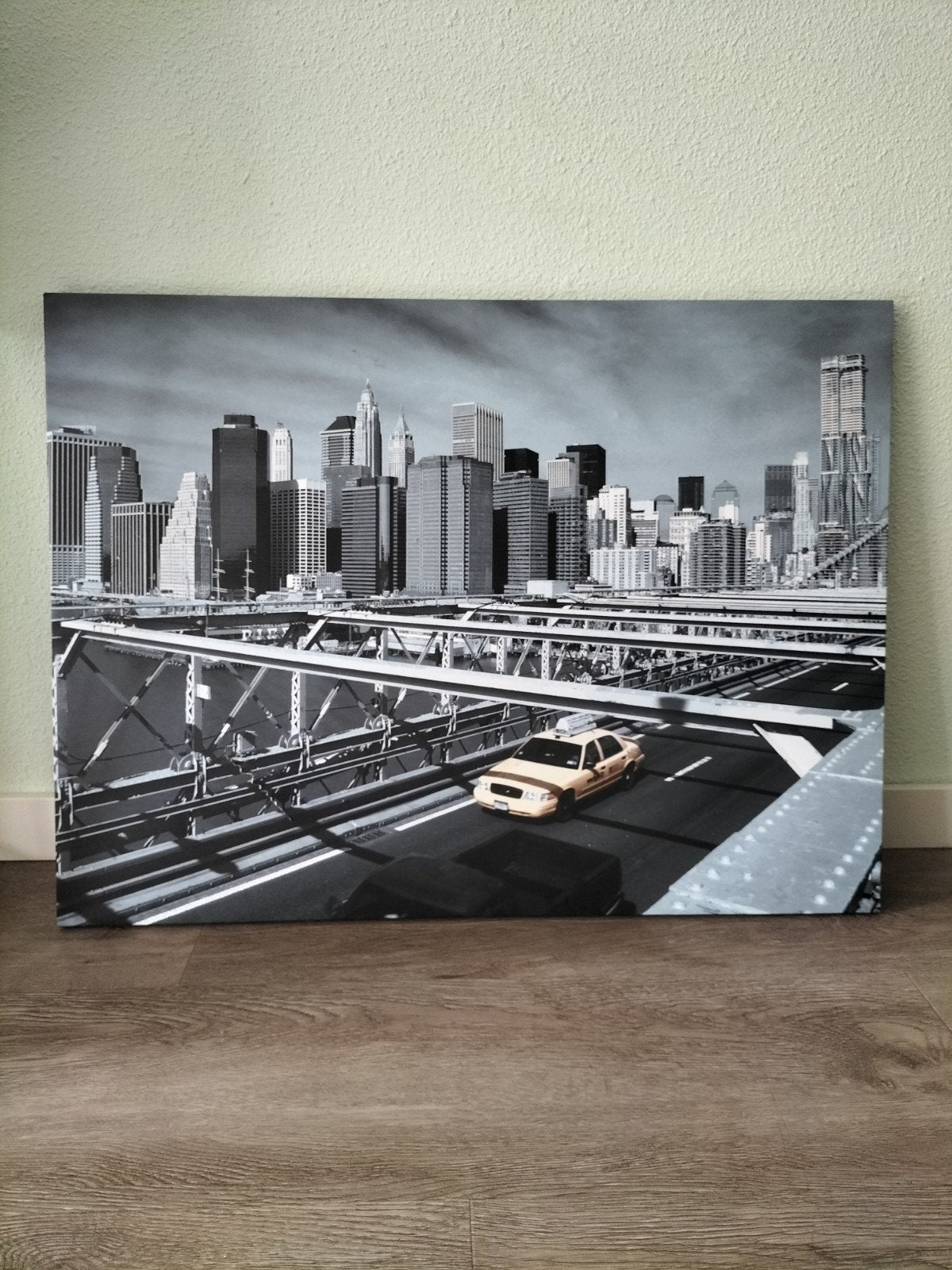 Canvas schilderij New York Brooklyn Bridge taxi, 50 tot 75 cm, Ophalen of Verzenden, Zo goed als nieuw, Schilderij