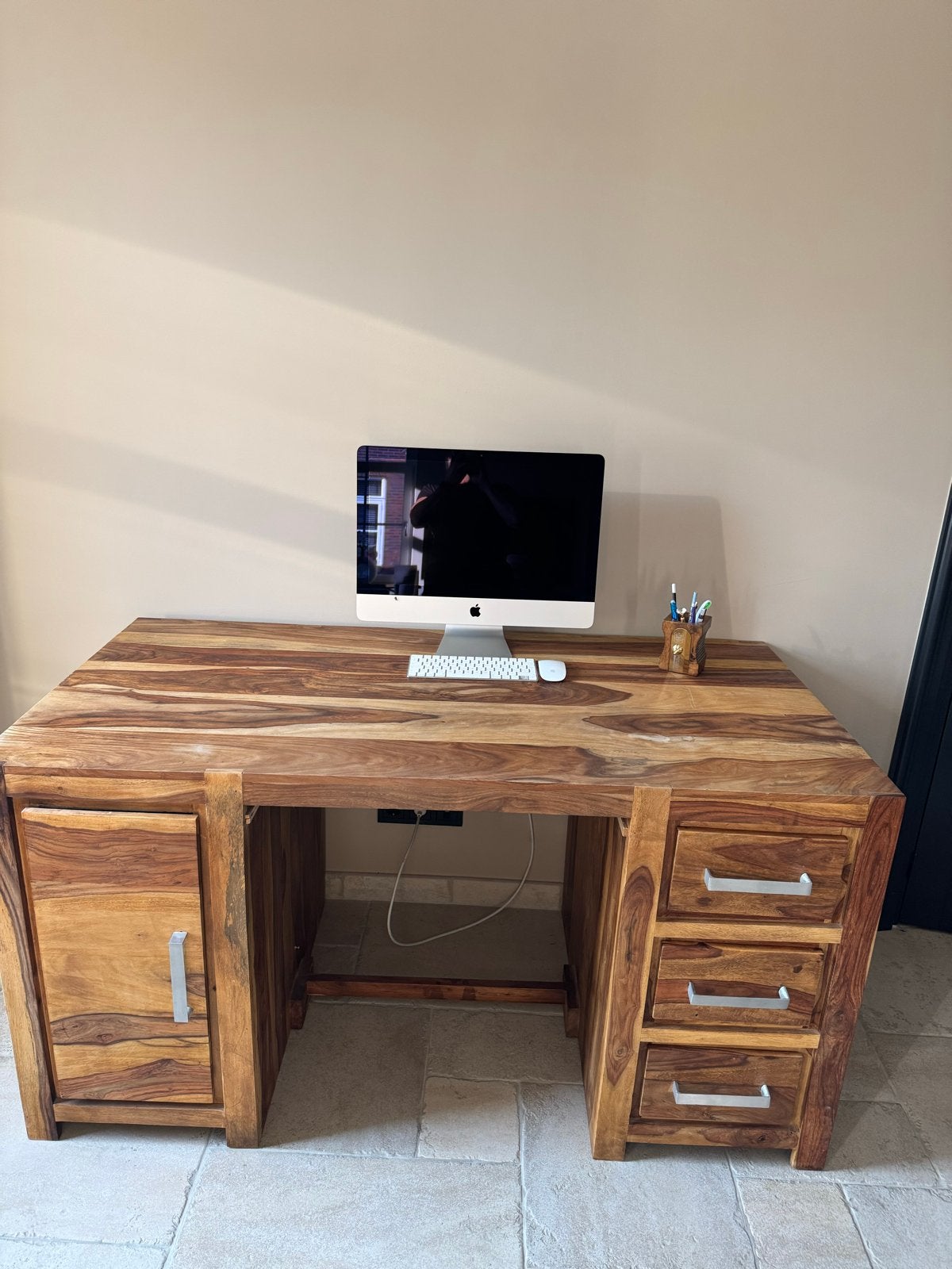 Massief Sheesham houten bureau met lades en kast, Ophalen, Gebruikt, Bruin, Bureau-kast combinatie
