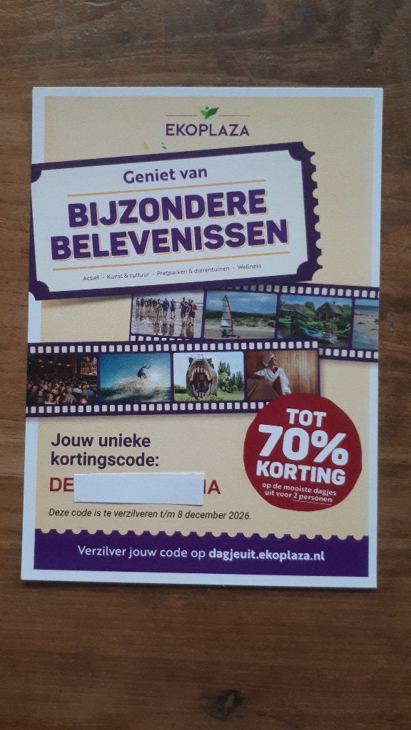 Voucher / vouchercode actie Ekoplaza Bijzondere Belevenissen, Ophalen of Verzenden, Winkel, Super of Benzinepomp, Zegels, Bonnen of Punten