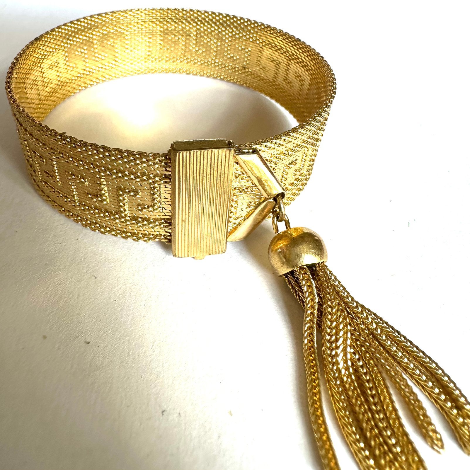 Vintage mesh verstelbare armband met kwast, Verzenden, Zo goed als nieuw, Goud, Overige materialen