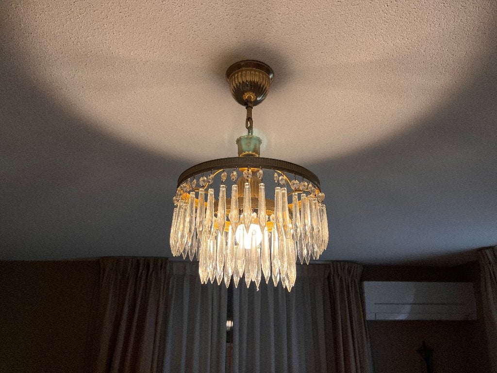 Vintage metalen kroonluchter lamp met glazen pegels, Ophalen, Gebruikt, E27 (groot), Vintage, Klassiek, Elegant