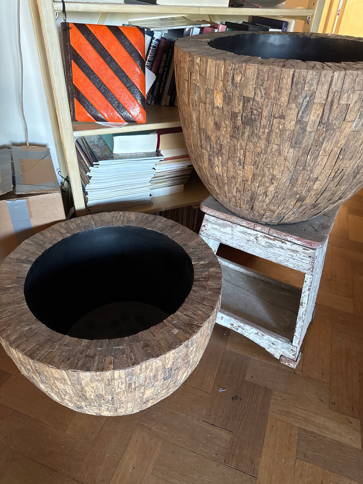 Set van 2 plantenpotten bekleed met hout, Ophalen, Rond, Zo goed als nieuw, Plantenpot of Plantenbak
