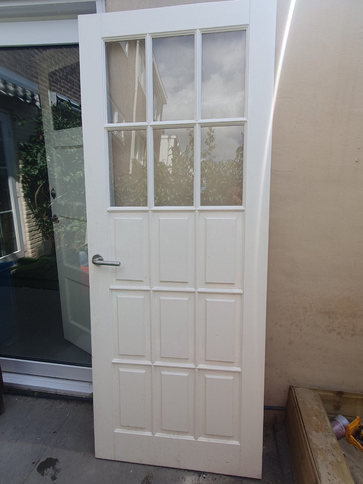 Merbau hardhouten deur 210x83 met panelen en glas, Doe-het-zelf en Verbouw, Deuren en Horren, Ophalen, Gebruikt, 80 tot 100 cm