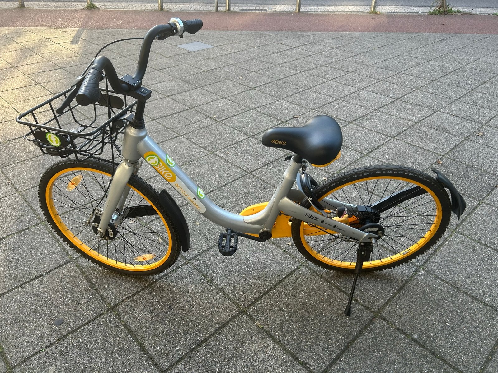OBike deelfiets - Grijs/Geel met mandje en slot, Terugtraprem, Minder dan 47 cm, Ophalen, Overige merken