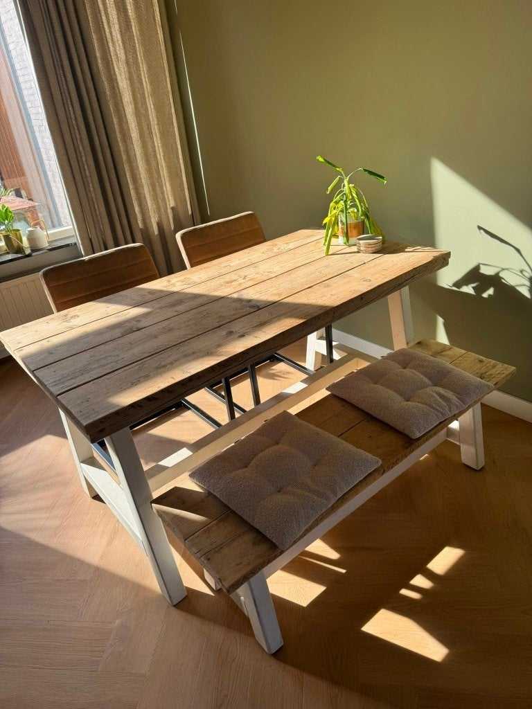 Steigerhouten eettafelset & bijpassende stoelen, Ophalen, Zo goed als nieuw, Vier personen, Rechthoekig