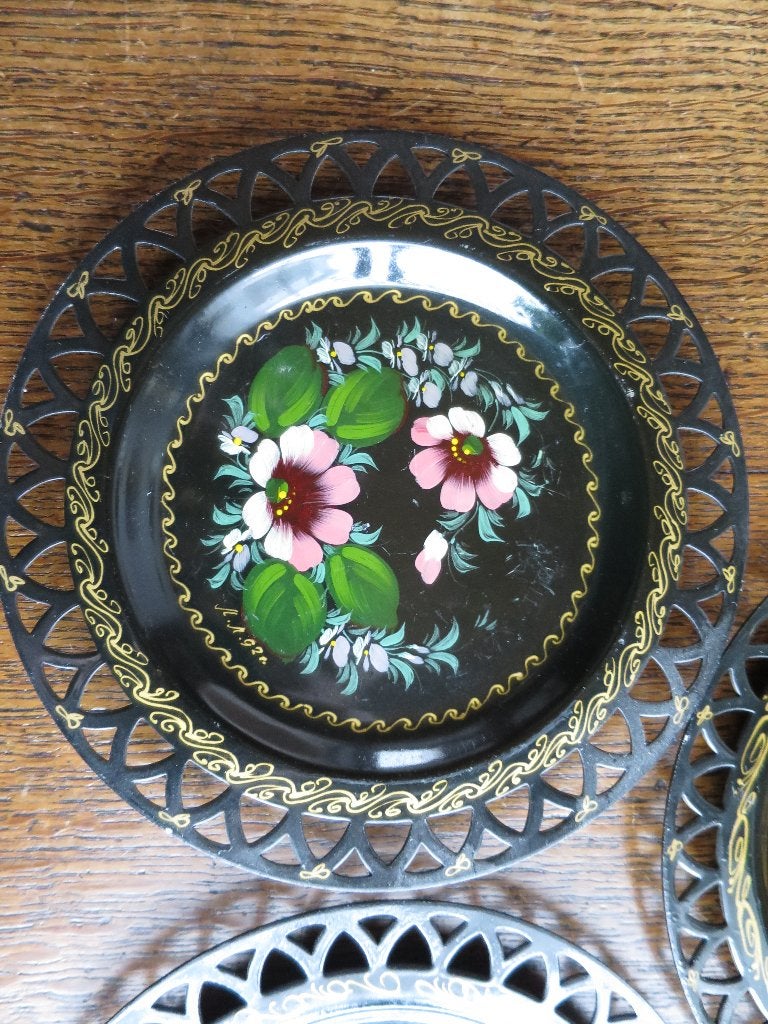 4  aluminium schaaltjes beschilderd met bloemen, Ophalen of Verzenden
