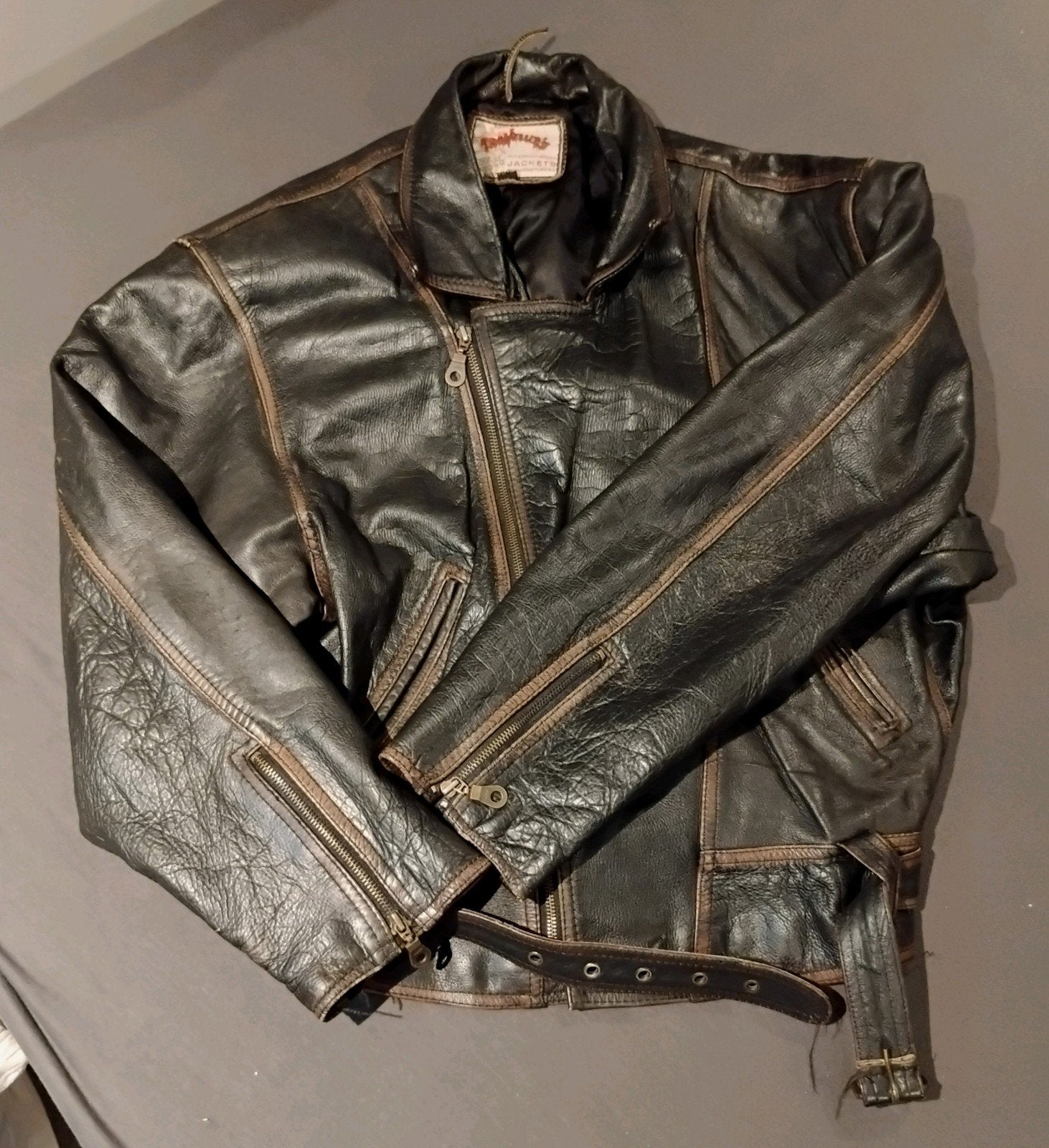 Vintage Leren Motorjas - Zwart/Bruin - Maat XXL, Zwart, Overige maten, Ophalen of Verzenden, International Jackets