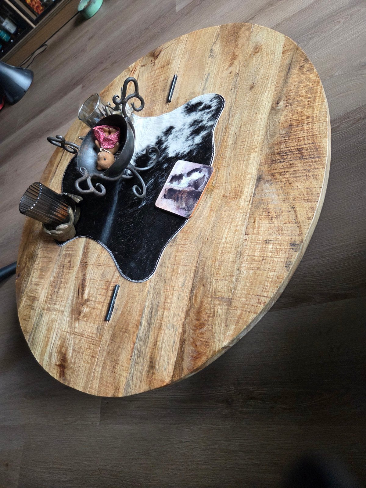 Salontafel Quinn: Landelijk Stoer Hout & Metaal, 50 tot 100 cm, Rond, Nieuw, 50 tot 100 cm
