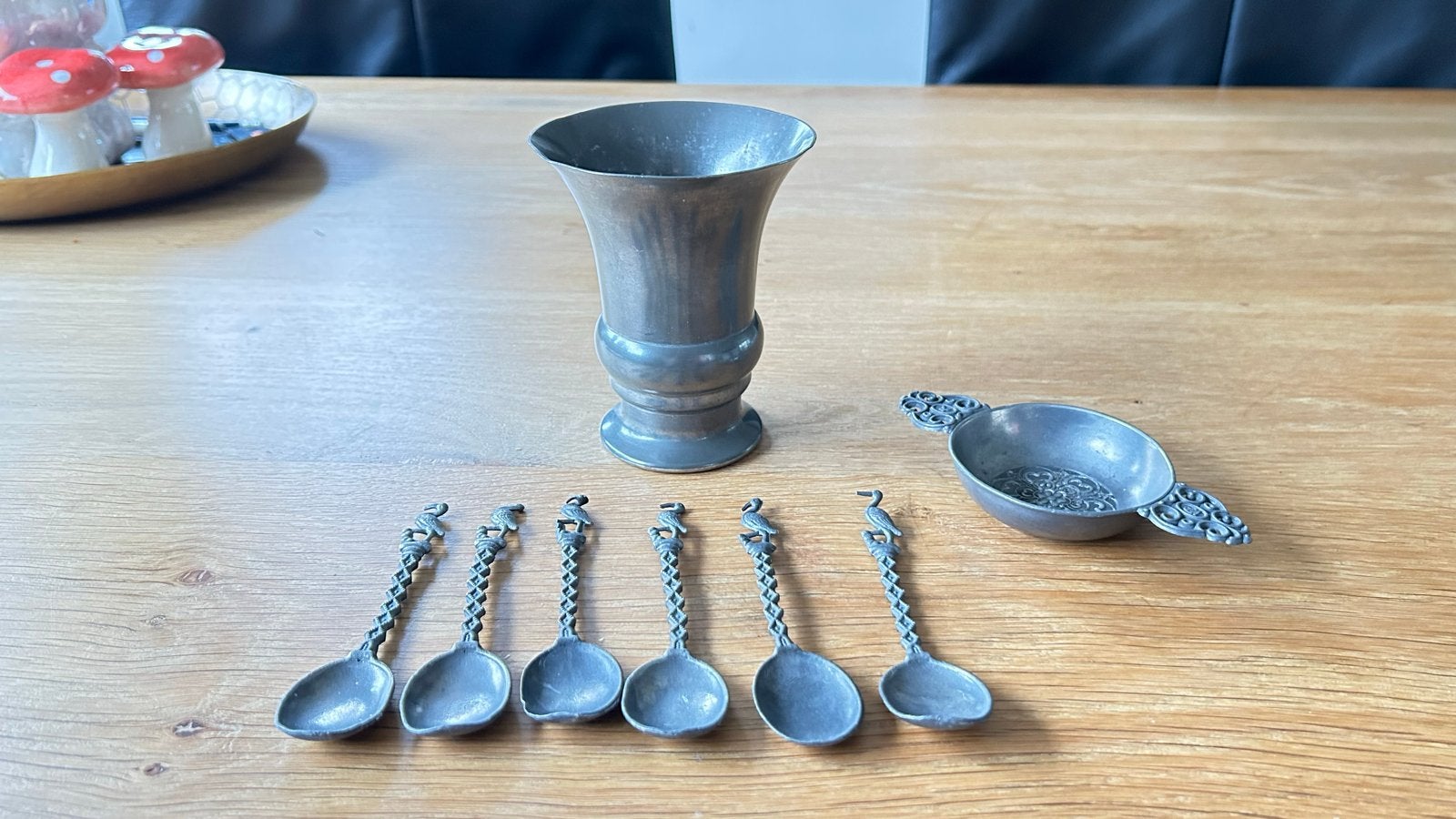 Vintage Tinnen Set: Vaas, Lepels en Kommetje, Ophalen of Verzenden