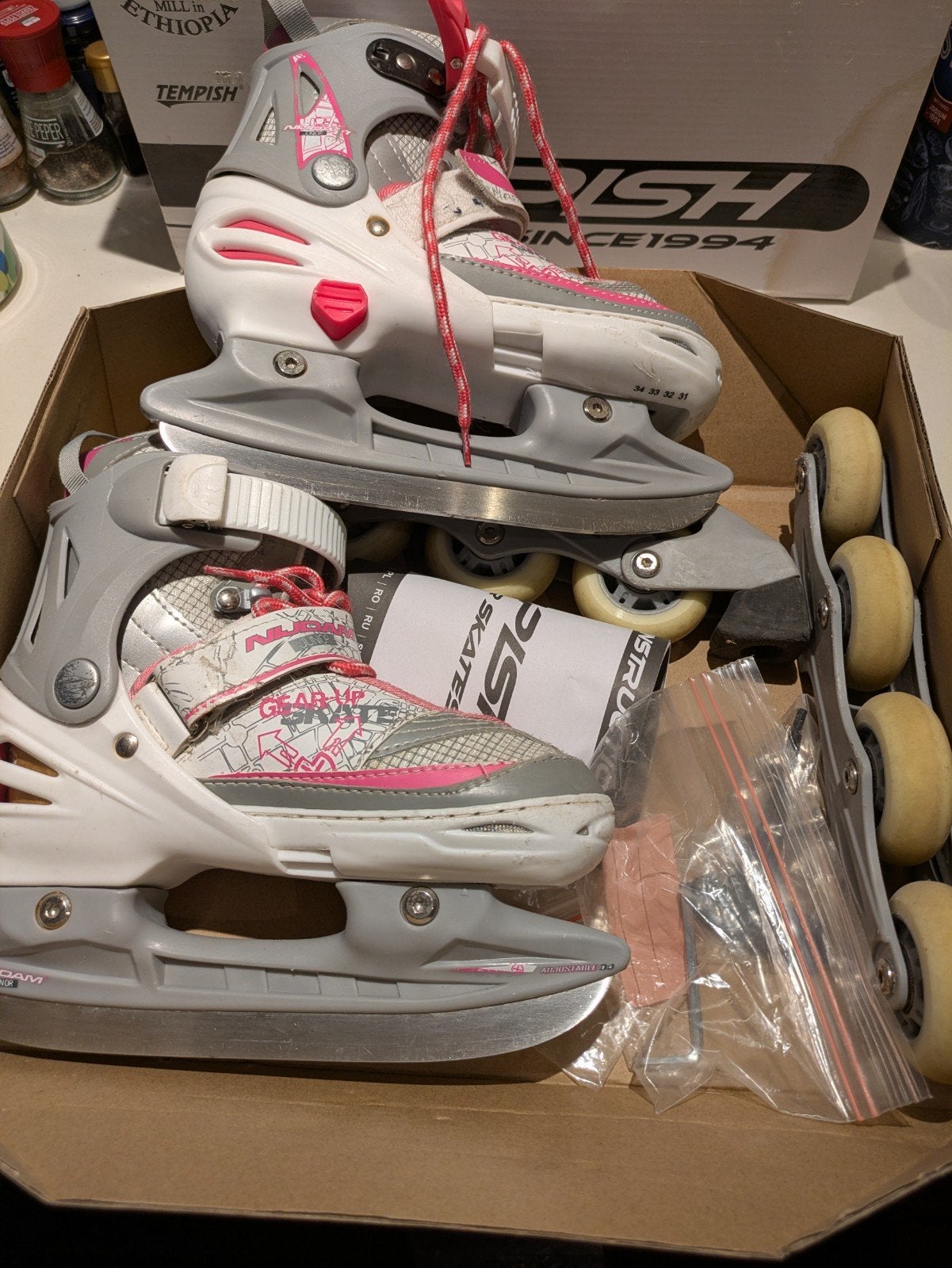 Verstelbare kinder schaatsen en skeelers 2-in-1 (maat 31-34), Ophalen of Verzenden, Verstelbaar, Gebruikt, Kinderen