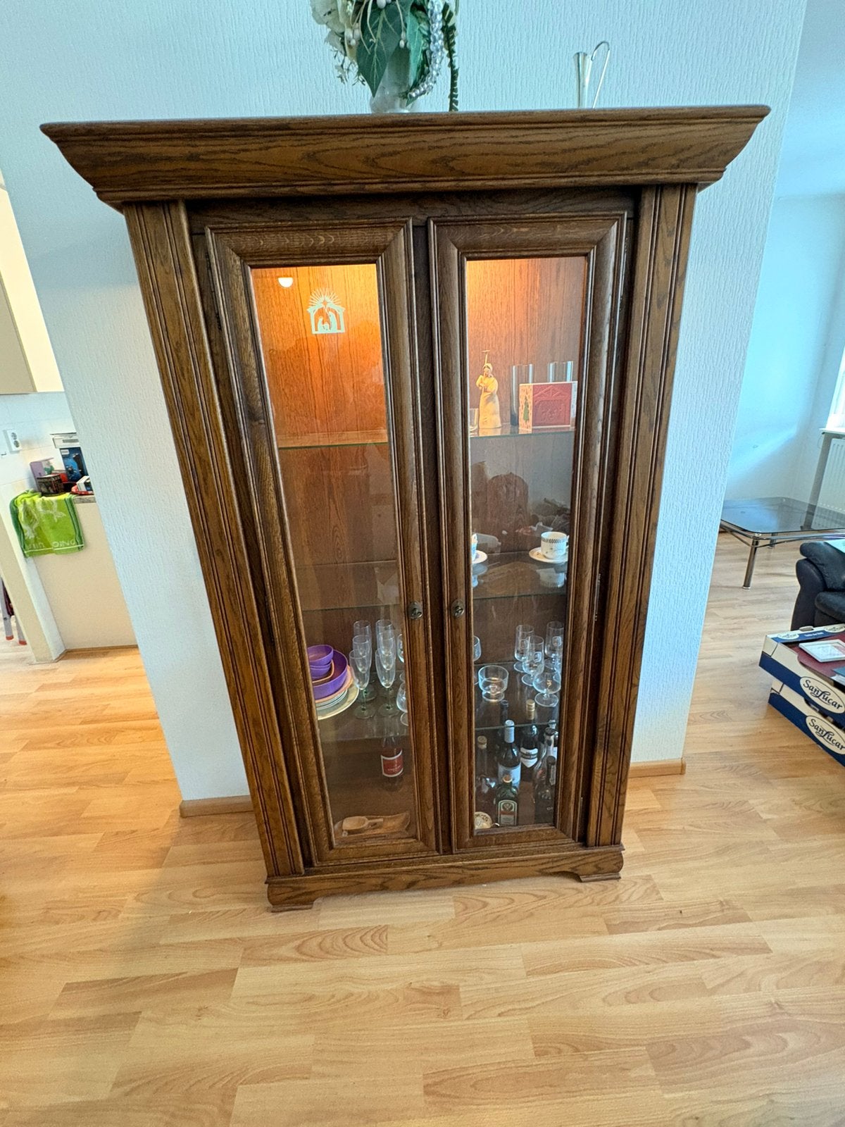 Eiken kast ,voor glas servies  ,met verlichting, Ophalen, 100 tot 150 cm, 100 tot 150 cm, Eiken