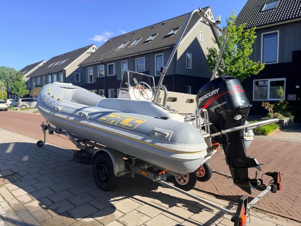 Sacs 475 Hypalon Rib met 60PK Mercury en PEGA trailer, Watersport en Boten, Gebruikt, 6 m, Brandstoftank, Ophalen