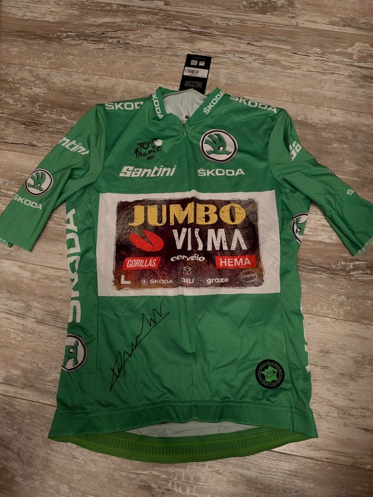 Wout van Aert groene trui gesigneerd Tour de France 2022, Verzamelen, Ophalen of Verzenden, Nieuw, Overige sporten, Shirt