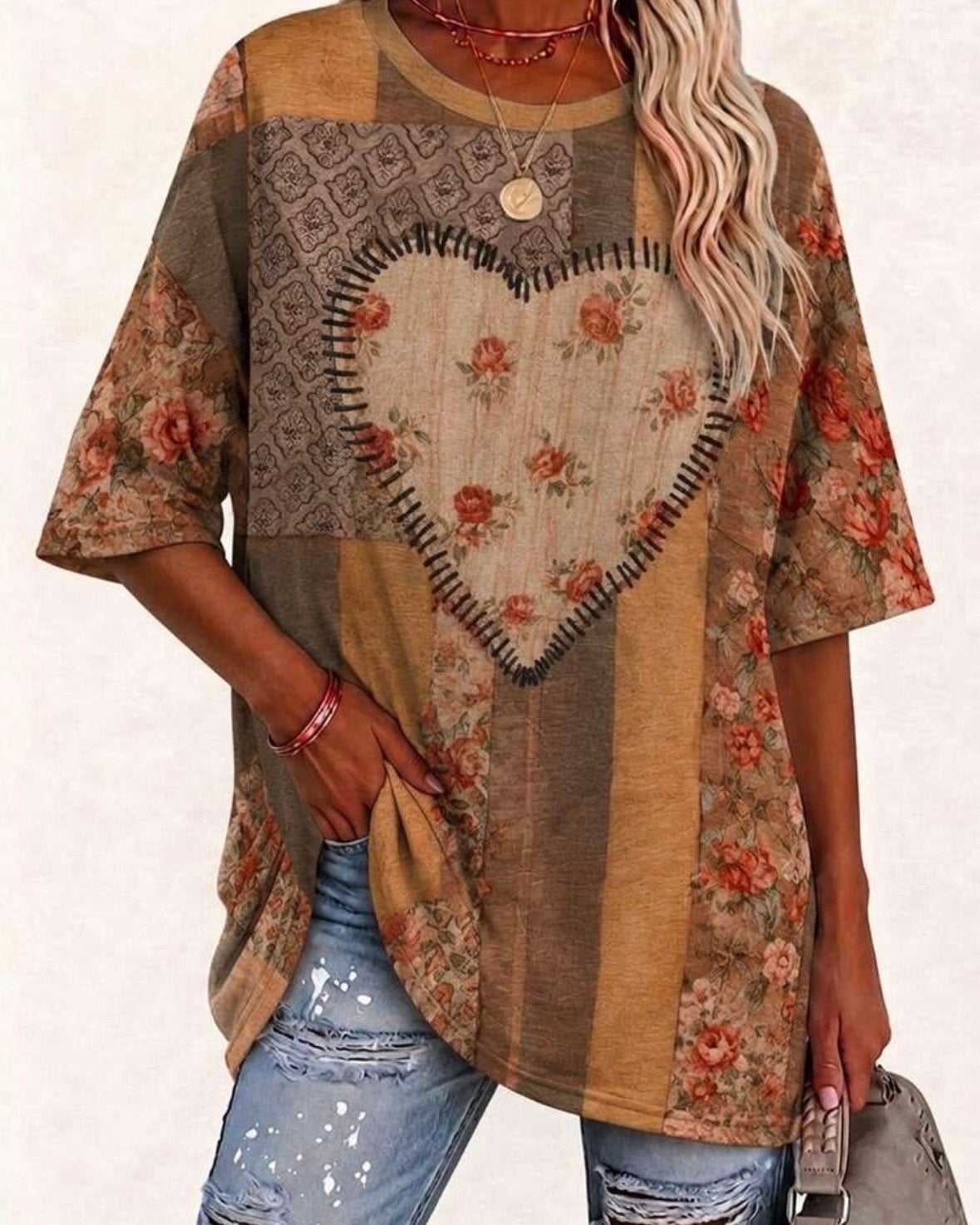 Vintage Patchwork T-shirt met Bloemenprint (44-52), Verzenden, Nieuw, Meerkleurig, Shirt of Top