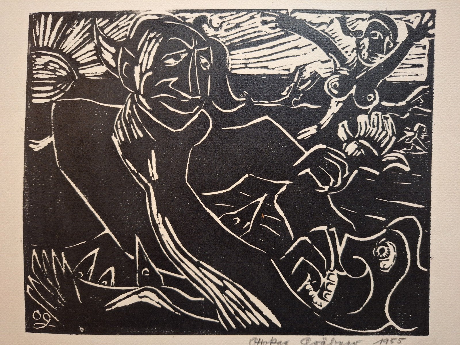 Houtsnede Ottokar Grabner - Naakt zwemmen (1955), Dagelijks leven, 1950 - 1999, Ophalen of Verzenden, Houtsnede