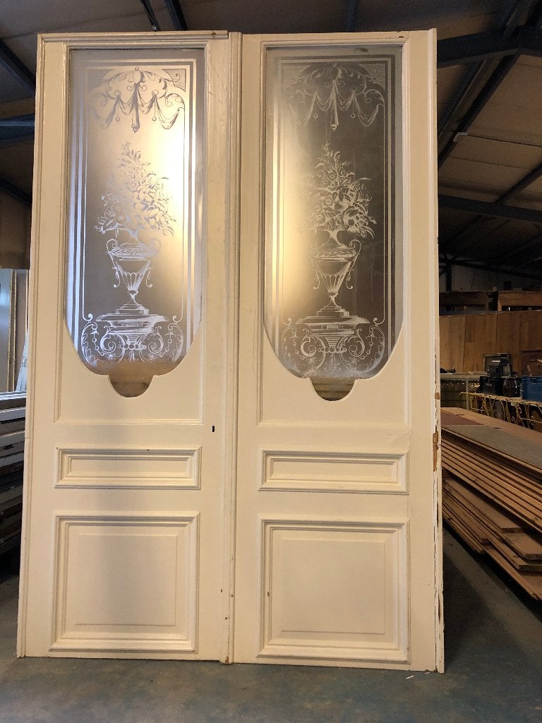 Antieke dubbele deur met geëtst glas 228x149cm, Ophalen