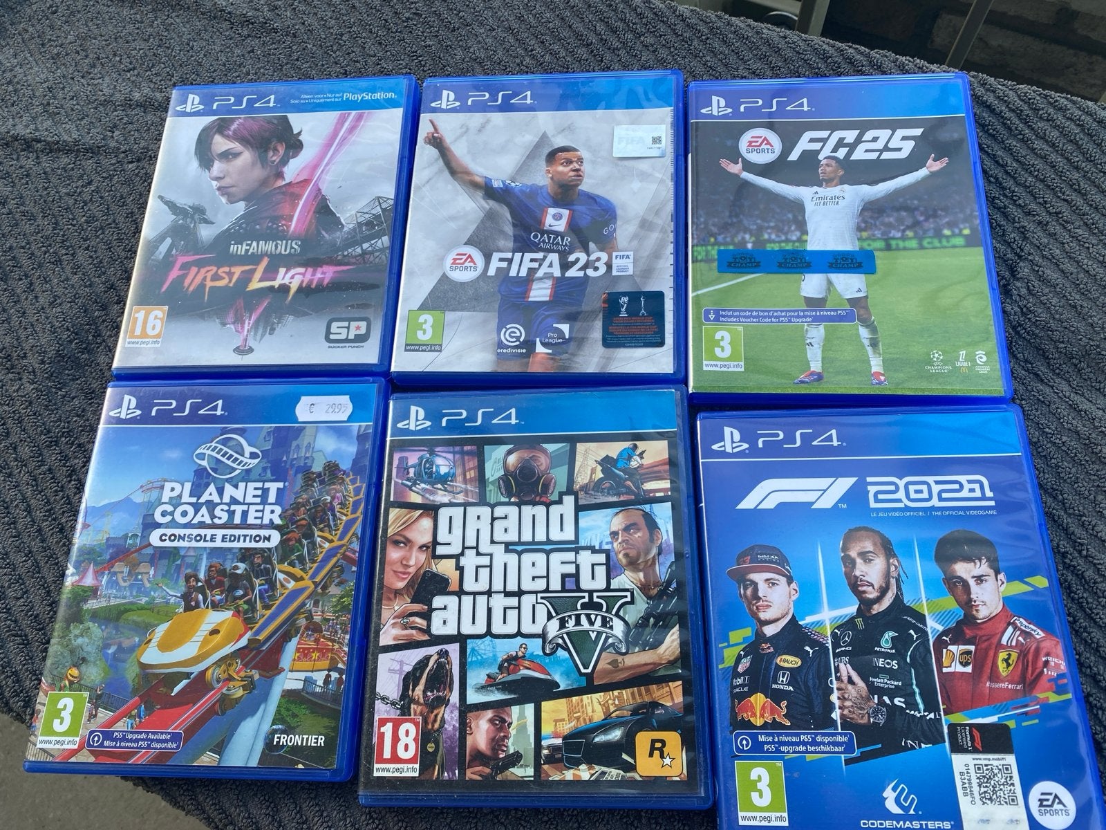 6 PS4 Spellen: FC25, GTA V, FIFA 23, F1 2021, Planet Coaster, Ophalen, Gebruikt, Vanaf 18 jaar, 1 speler