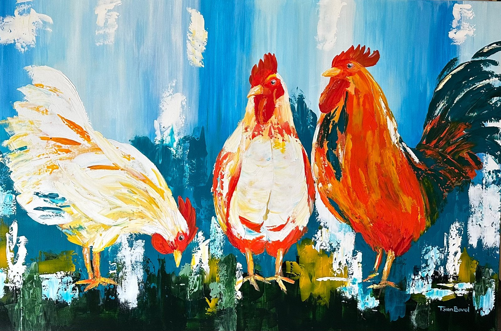 Teresinha van Bavel- Kippen- Handgeschilderd- Origineel-XXL, Ophalen of Verzenden
