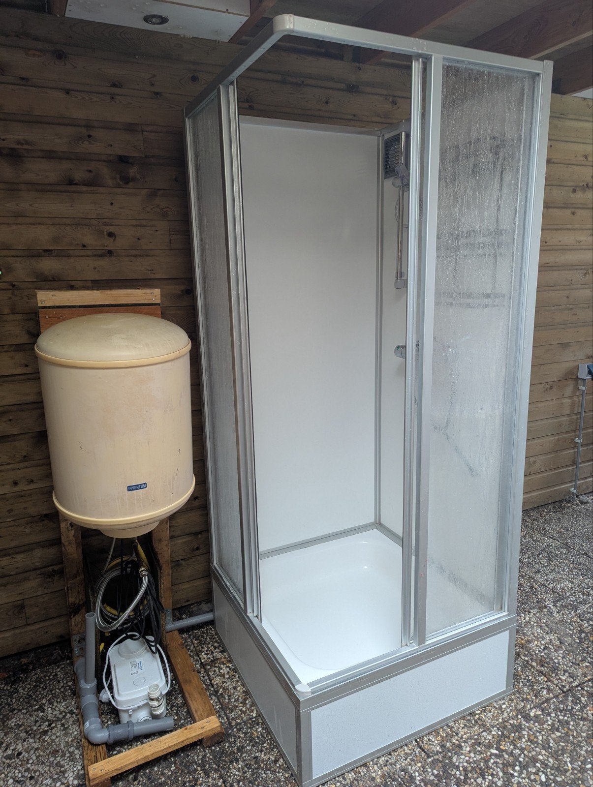 Nooddouche / Tijdelijke douchecabine met boiler en pomp, Ophalen, Gebruikt, Chroom, Douche