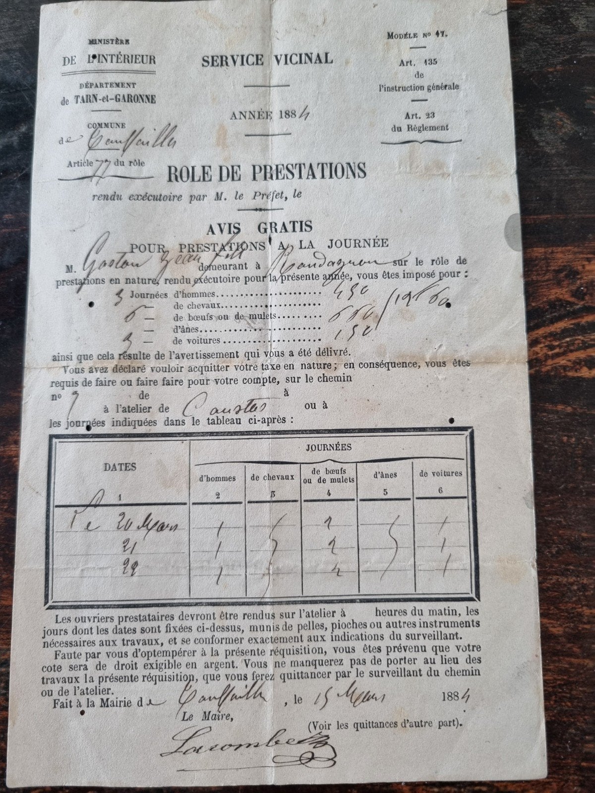 Historisch document Frankrijk 1884 - Role de Prestations, Gelezen, Europa overig, Franse overheid, Ophalen of Verzenden