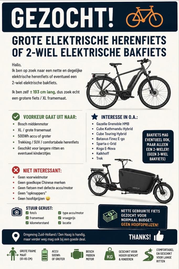 GEZOCHT: Grote elektrische herenfiets / e-bike XL / bakfiets, 57 tot 61 cm, Ophalen of Verzenden, Gebruikt, Overige merken