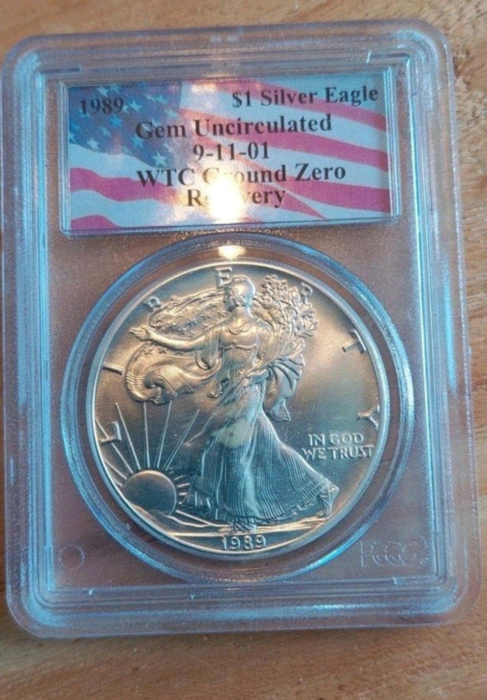 9/11 Amerika 1989 $1 Silver Eagle WTC Ground Zero Recovery M, Ophalen of Verzenden, Noord-Amerika, Losse munt, Zilver