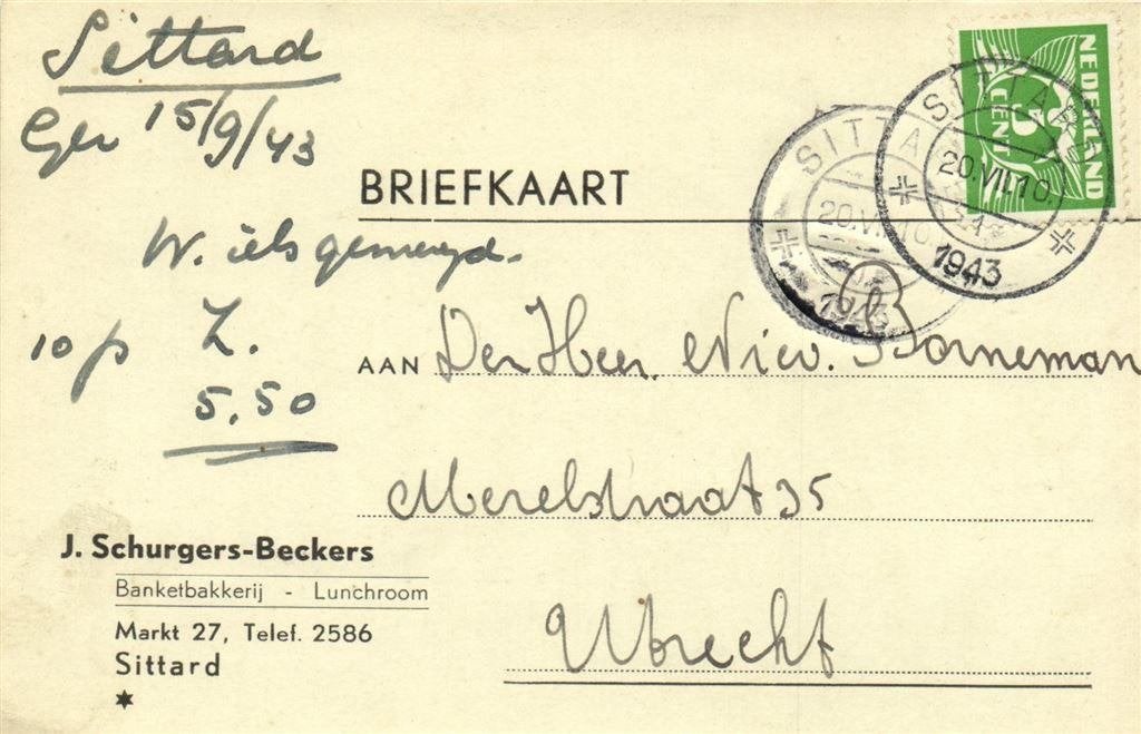 J. Schurgers-Beckers, Sittard - 07.1943 - briefkaart, Postzegels en Munten, Brieven en Enveloppen | Nederland, Ophalen of Verzenden