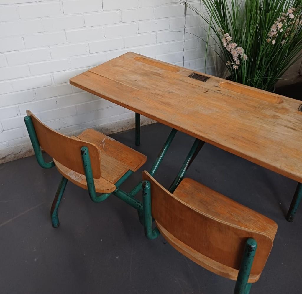Vintage Schoolbank duo kinder tafel - dubbel, Antiek en Kunst, Ophalen