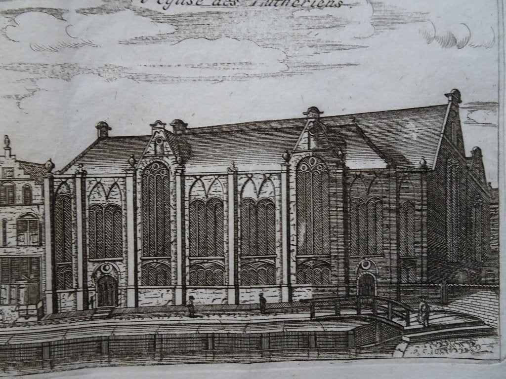 Gravures 4 stuk Lutherse kerk Nieuwe- Oude- Zuiderkerk 1720, Antiek en Kunst, Kunst | Etsen en Gravures, Verzenden, Architectuur